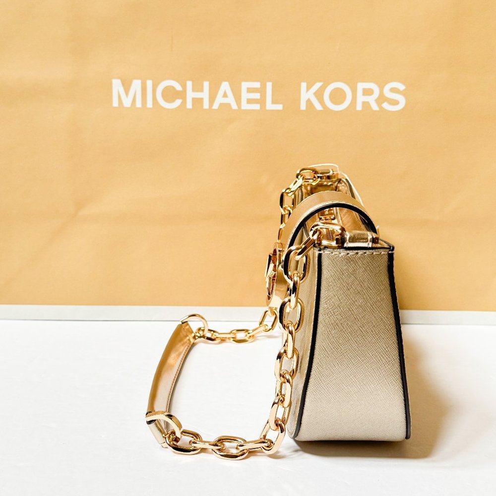 Michael Kors Carmen Small Shoulder Chain Bag + Coin ID Key Wallet Pale Gold - Picture 6 of 14